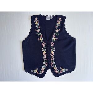 B.U.G. Navy Blue Floral Embroidered Knit Vest | Size 18/20